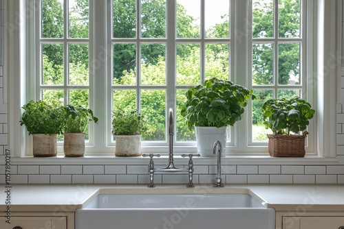 Bright kitchen sink with potted herbs by the window during a sunny afternoon