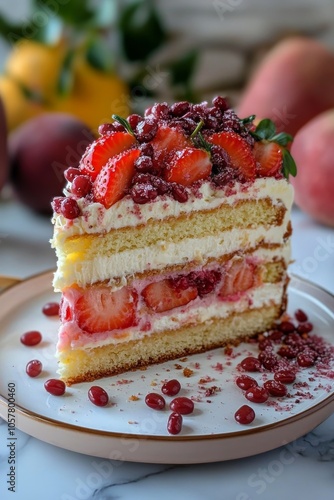 Delicious layered cake with strawberries and pomegranate on a rustic wooden p...