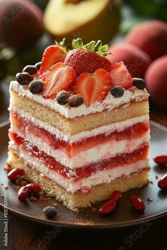 Delicious layered cake with strawberries and pomegranate on a rustic wooden p...