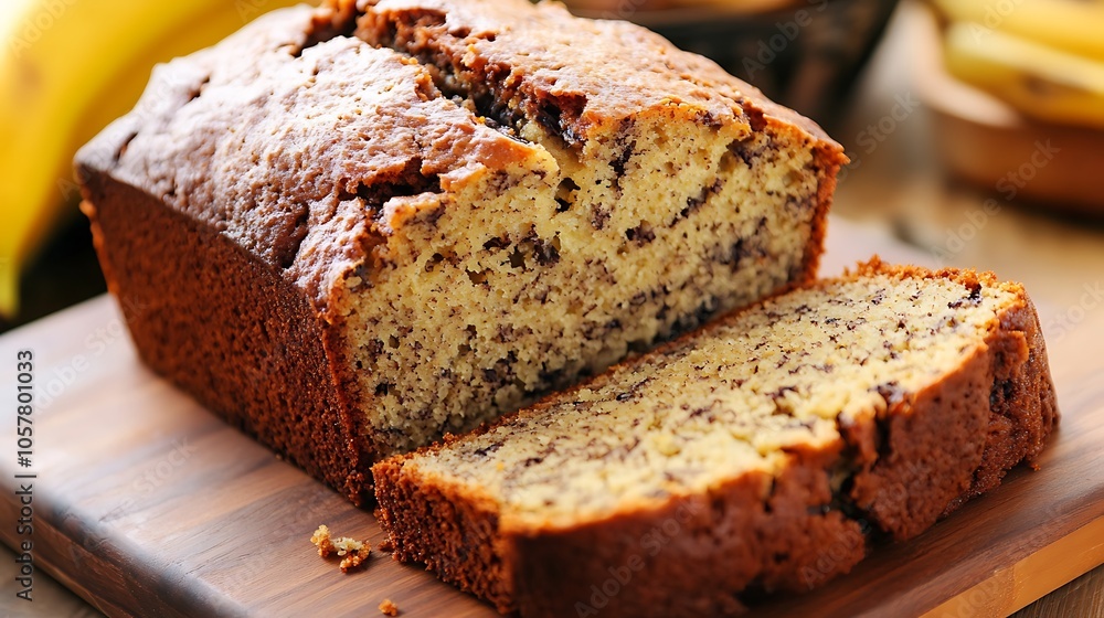 A banana bread with a slice cut out of it A banana bread with a slice cut out of it