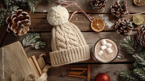 A cozy winter scene featuring an oversized, beige knit beanie with intricate cable patterns