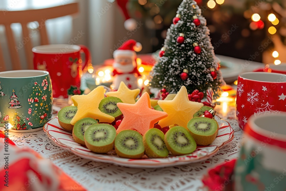 Fototapeta premium A bright and cheerful breakfast table set with a platter of colorful fruit, including star-shaped slices of melon and kiwi