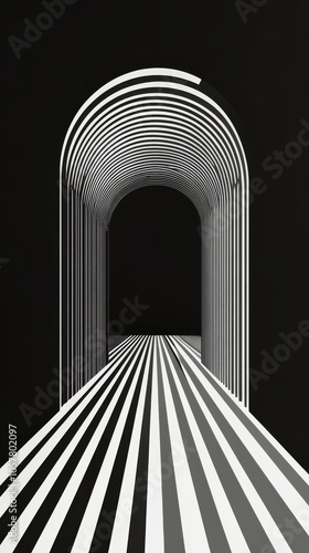 A minimalist corridor with bold stripes and arched ceiling design in monochro...