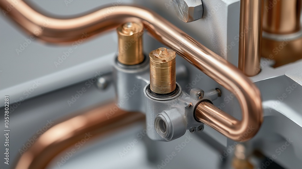 Close-up of intricate copper piping and valves in a modern industrial setting. Close-up of intricate copper piping and valves in a modern industrial setting.