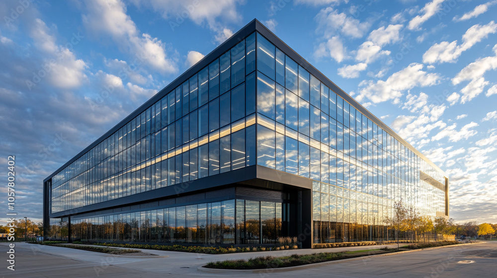 Modern Glass Office Building Exterior with Blue Sky and Clouds Modern Glass Office Building Exterior with Blue Sky and Clouds
