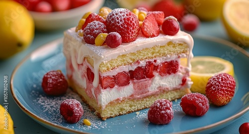Colorful dessert with layers of cream and fresh fruits served on a light blue...