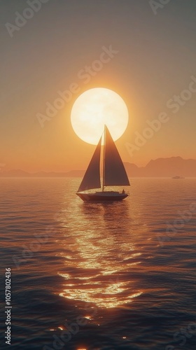 A sailboat gliding across calm waters at sunset with a large sun glowing in t...