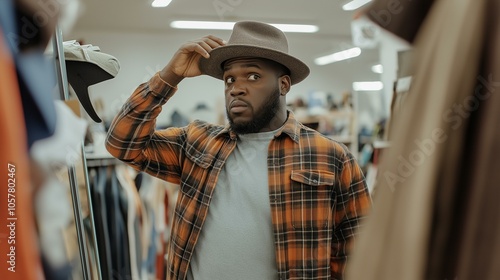 Man in plaid shirt tries on a stylish hat at a clothing store, contemplating his fashion choice. photo