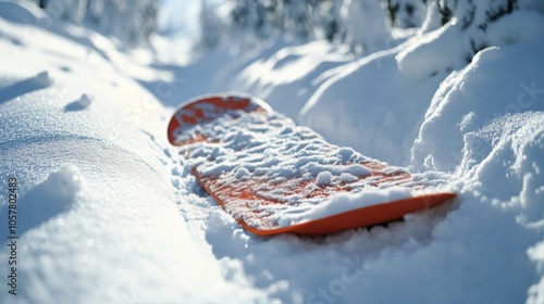 Snowboard resting on a snowy path under a beautiful sunset near a forest in w...