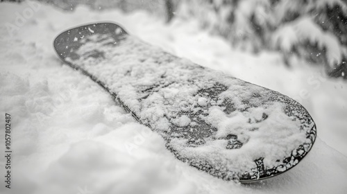 Snowboard resting on a snowy path under a beautiful sunset near a forest in w...
