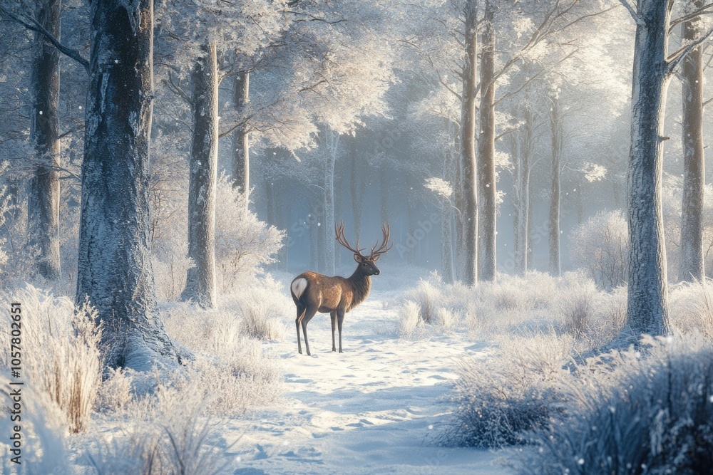 forest in the frost. Winter landscape. Snow covered trees. deer Winter Winter landscape forest in the frost. Winter landscape. Snow covered trees. deer Winter Winter landscape