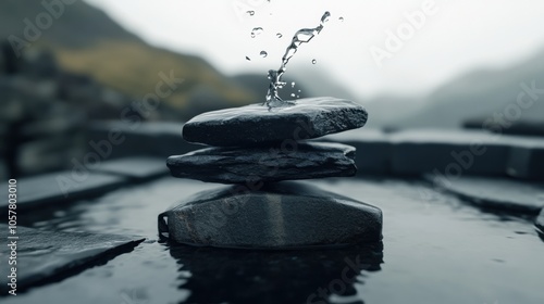 Water bouncing off stone surface, splashes captured in crystal-clear focus photo