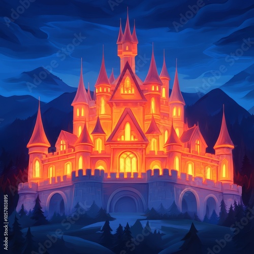 A majestic, illuminated castle stands tall against a twilight sky, nestled amidst a picturesque landscape.