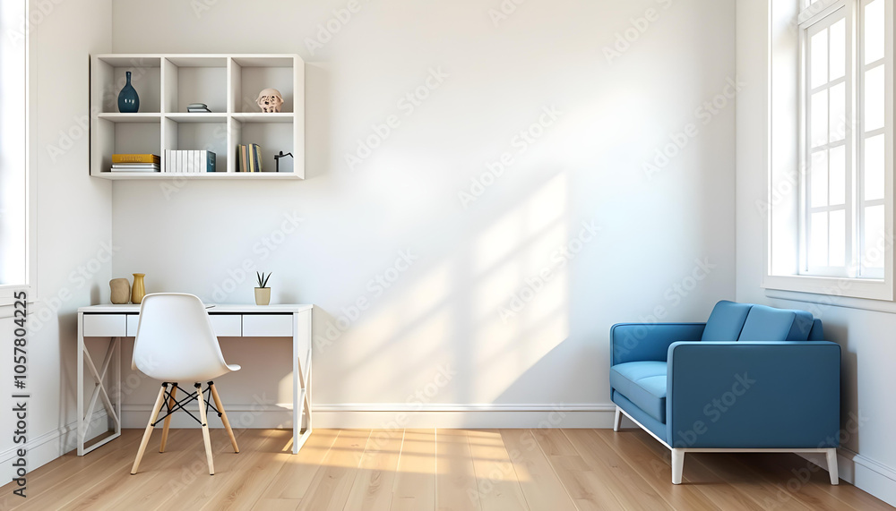 Simple white room with wooden floor, white desk with chair, square shelves above it and blue couch Simple white room with wooden floor, white desk with chair, square shelves above it and blue couch