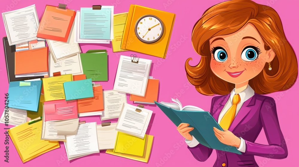 A cheerful woman in a suit holds a book surrounded by colorful notes and a clock on a vibrant pink background. A cheerful woman in a suit holds a book surrounded by colorful notes and a clock on a vibrant pink background.