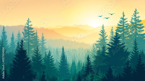 Sunset Over Coniferous Forest Landscape with Mountains in the Background