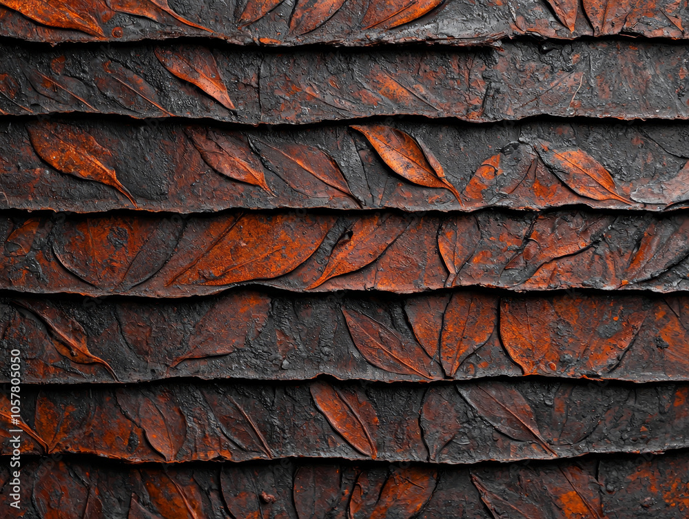 Textured layers of dark material with fossilized leaf imprints create striking visual Textured layers of dark material with fossilized leaf imprints create striking visual