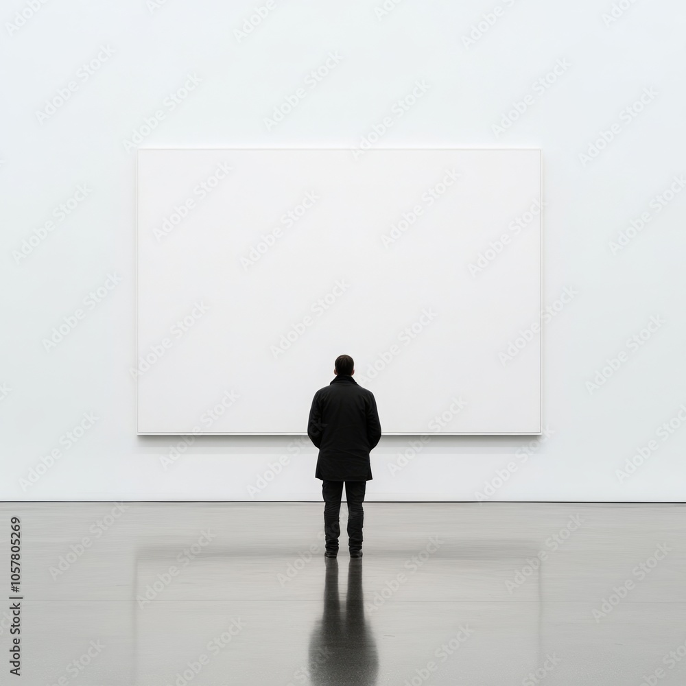 A man in a black coat stands in a white gallery, facing a blank canvas. A man in a black coat stands in a white gallery, facing a blank canvas.