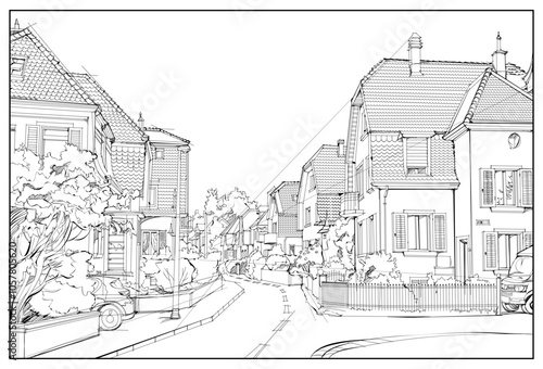 Illustration of street in an old Swiss town Dietikon. Black and white drawing. Page for coloring book. Medieval architecture in western Europe. Hand drawn vector.