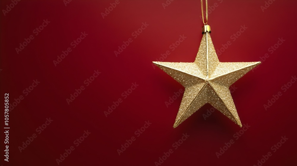 Gold Star Ornament Hanging on a Red background Gold Star Ornament Hanging on a Red background