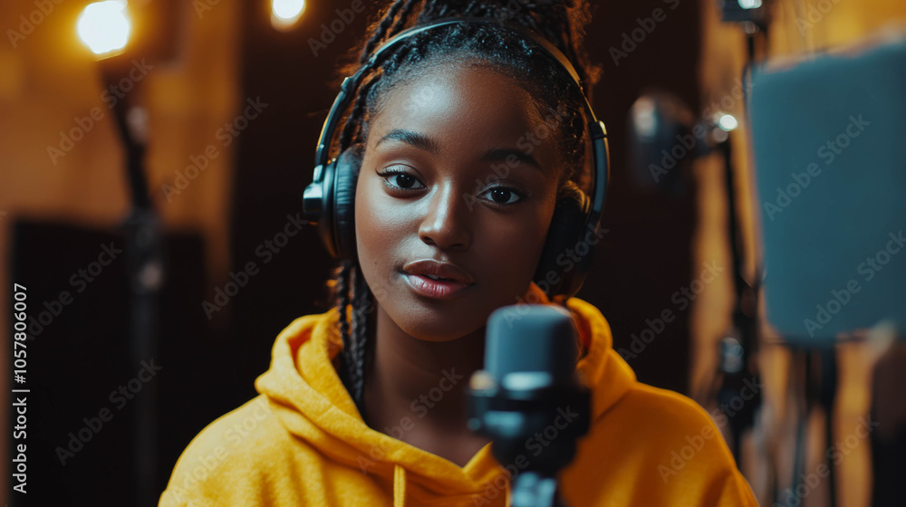 young black female influencer or content creator recording a video podcast or YouTube video. Speaking into camera young black female influencer or content creator recording a video podcast or YouTube video. Speaking into camera