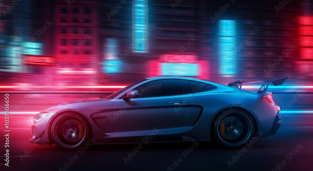 Sleek sports car speeding through neon-lit city streets at night. Sleek sports car speeding through neon-lit city streets at night.
