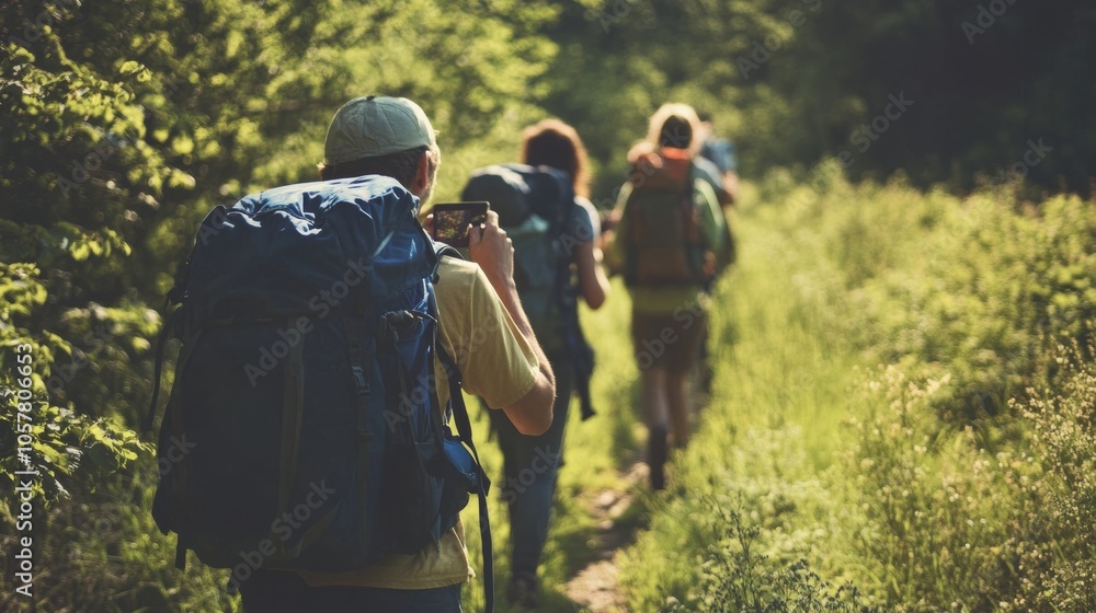 A group of friends are hiking through a national park, backpacking and stopping to take pictures of the beautiful scenery around them. A group of friends are hiking through a national park, backpacking and stopping to take pictures of the beautiful scenery around them.