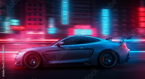 Sleek sports car speeding through neon-lit city streets at night.