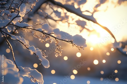 Snow covered tree branch at sunset Snow covered tree branch at sunset