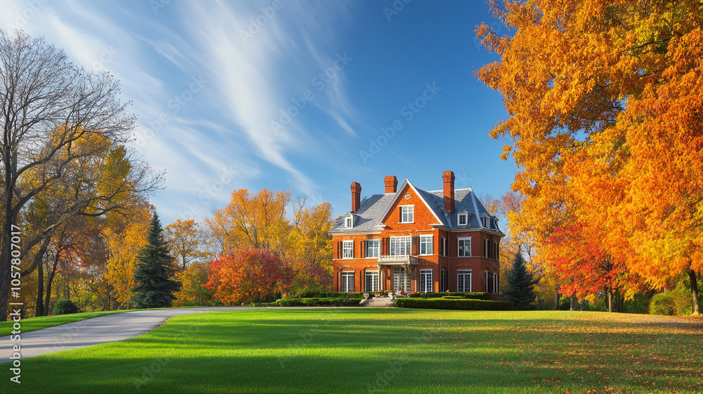 Majestic Brick Mansion Surrounded by Fall Foliage Majestic Brick Mansion Surrounded by Fall Foliage