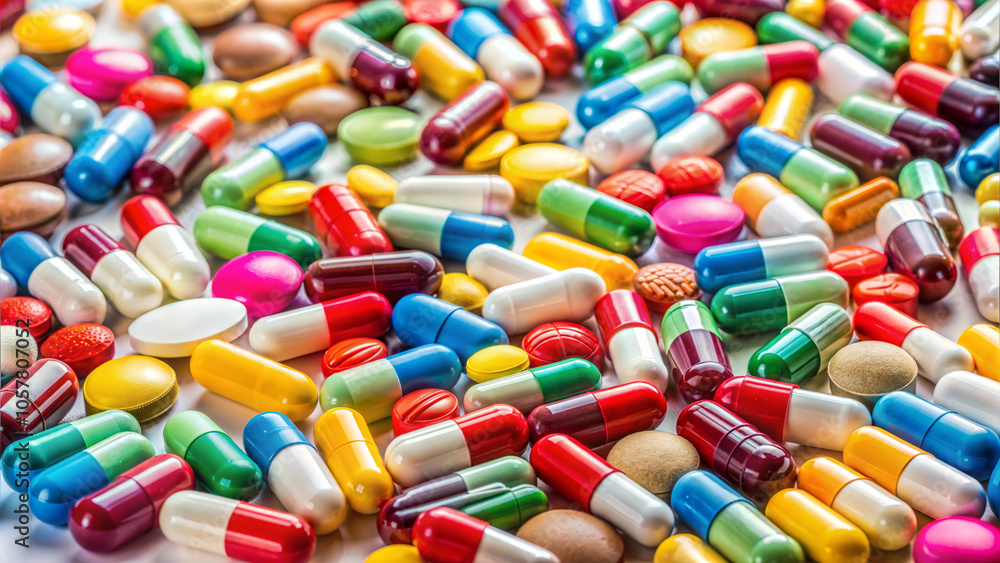 Variety of colorful medications and pills scattered on a surface for healthcare and pharmacy themes Variety of colorful medications and pills scattered on a surface for healthcare and pharmacy themes