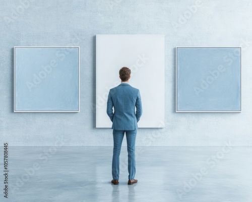 A man in a suit observes minimalist artworks in a gallery.