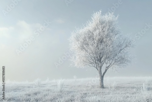 The tree covered with hoarfrost in a fog