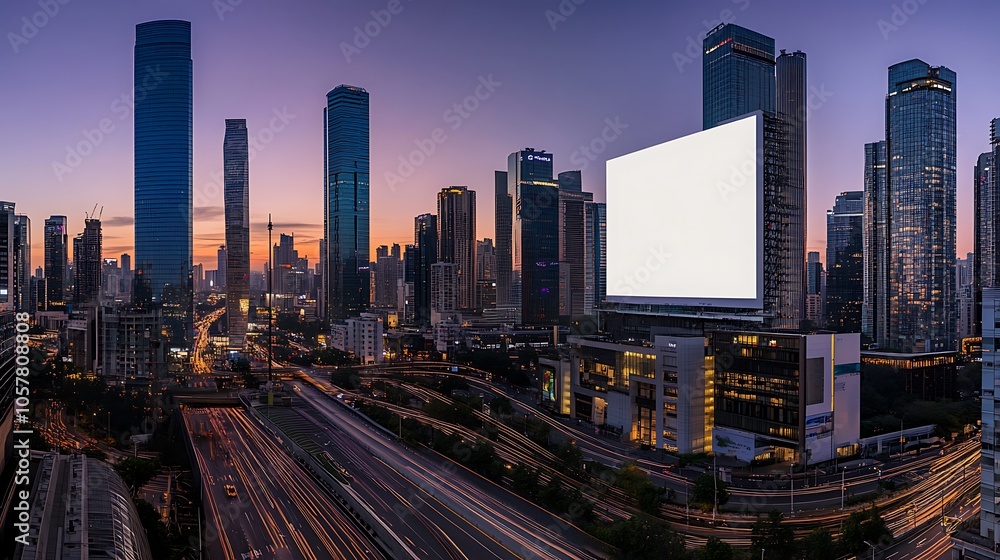 A stunning cityscape at twilight, with towering skyscrapers illuminated against a deep purple sky A stunning cityscape at twilight, with towering skyscrapers illuminated against a deep purple sky