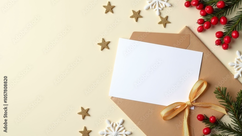 Festive envelope with blank card and seasonal decorations for holiday greetings Festive envelope with blank card and seasonal decorations for holiday greetings