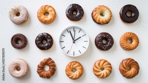 Grid of assorted pastries with clock on neutral background