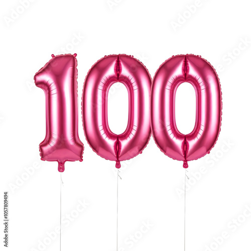 Realistic 3D pink number 100 hundred shaped balloon isolated on white background 