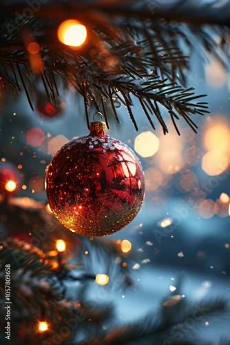 Red christmas bauble hanging aon a tree branch.