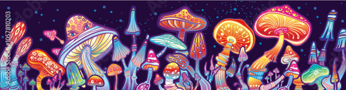 Magic mushrooms vector banner, hand drawn illustration