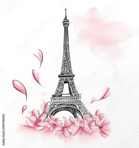Eiffel Tower and pink flowers, pencil drawing on a white background