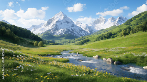 serene mountain landscape with flowing river and vibrant wildflowers