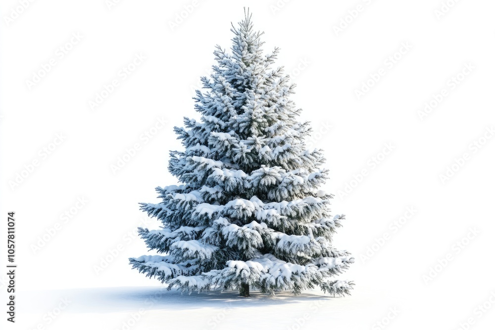 Fototapeta premium Snow covered Christmas tree isolated on white background.