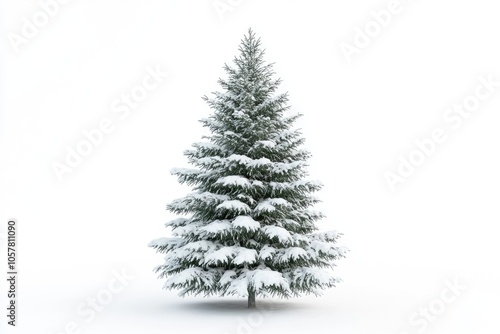 Snow covered Christmas tree isolated on white background.