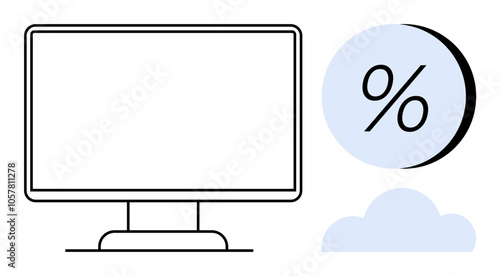 Computer monitor with a financial percentage symbol and light blue cloud. Ideal for technology, finance, data analytics, online storage, cloud computing, digital banking, and business growth. Line