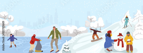 People enjoy in cityscape park at snowy winter season with snowflakes. Skaters on frozen lake ice. People skiing, making snowman, winter vacation family Vector illustration Flat hand drawn