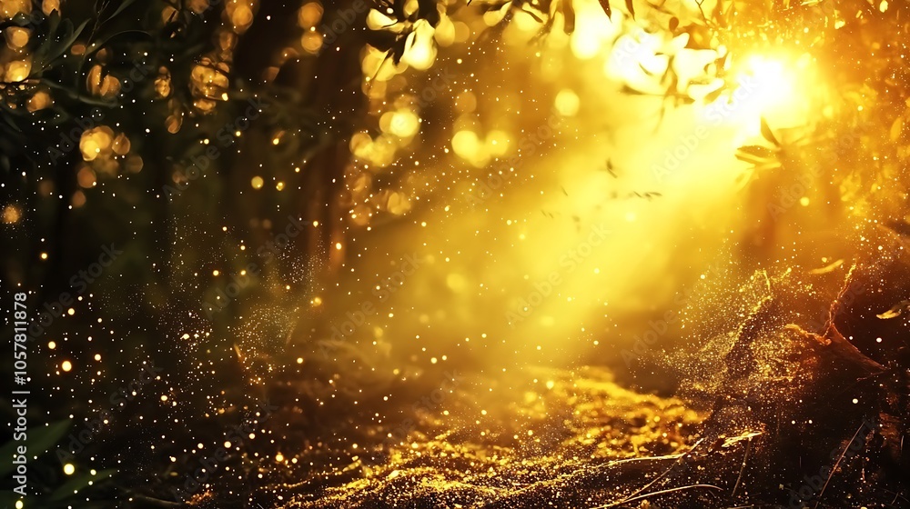 Naklejka premium A captivating scene of a forest illuminated by the setting sun, painting the landscape in a mesmerizing golden hue that shimmers with floating dust particles