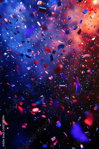 Confetti Celebration: A festive scene of confetti and streamers flying in the air, with red and blue lights.