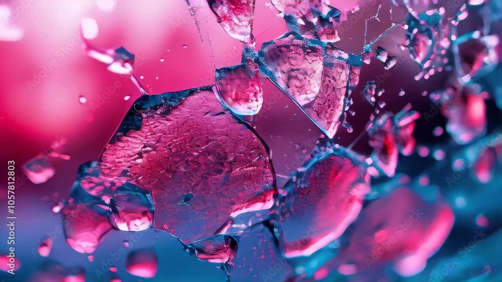 Macro shot of pink ice shards, highlighting the intricate textures and refractions in the crystal under vibrant pink and blue lighting Macro shot of pink ice shards, highlighting the intricate textures and refractions in the crystal under vibrant pink and blue lighting