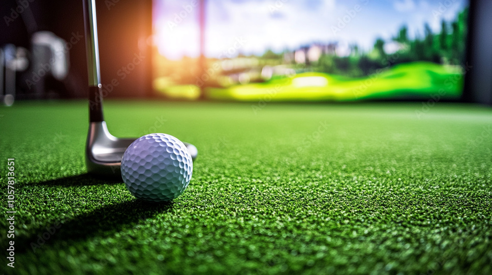 Obraz premium Golf Ball and Club on Green Putting Green with Blurred Background