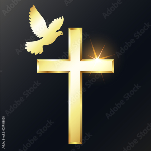 Golden shining Christian cross and dove of peace